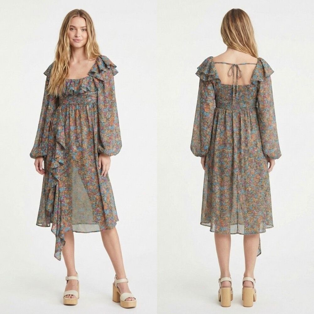 For Love & Lemons Brittany Floral Smocked Ruffle Midi Dress Fairy Boho Medium